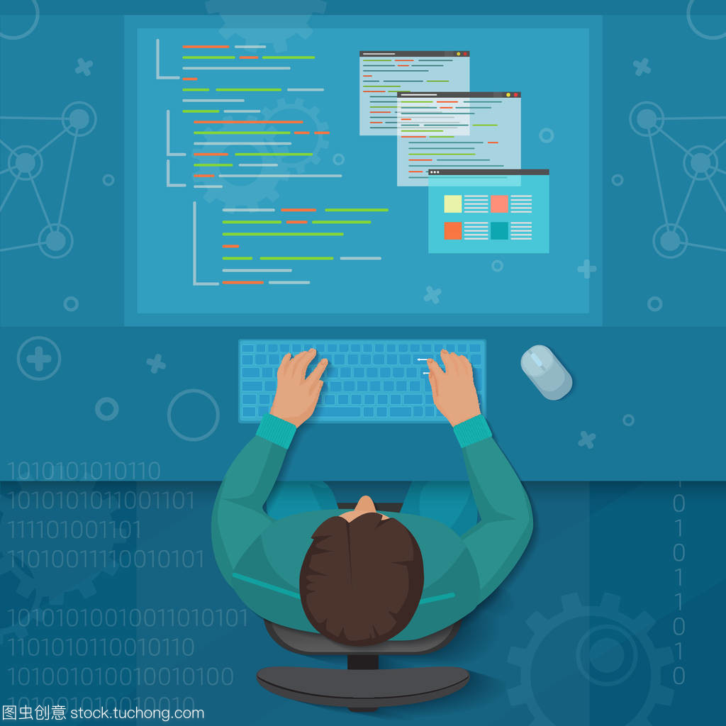 男人軟件工程師概念設計,優化,響應和開發解決方案。編碼器頂視圖虛擬工作區